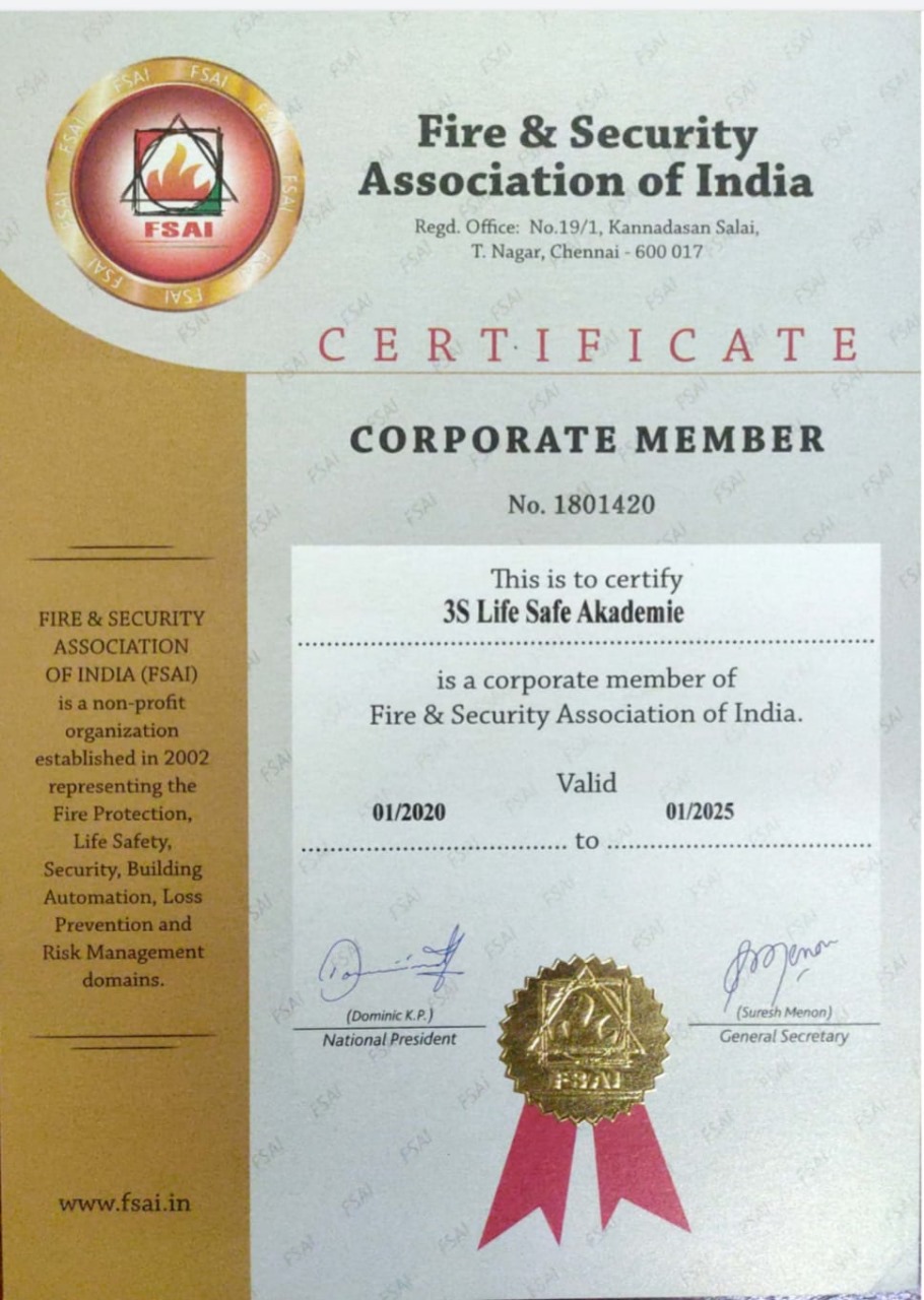 FSAI License displayed by 3S Life Safe Akademie, emphasizing expertise in fire and safety training.