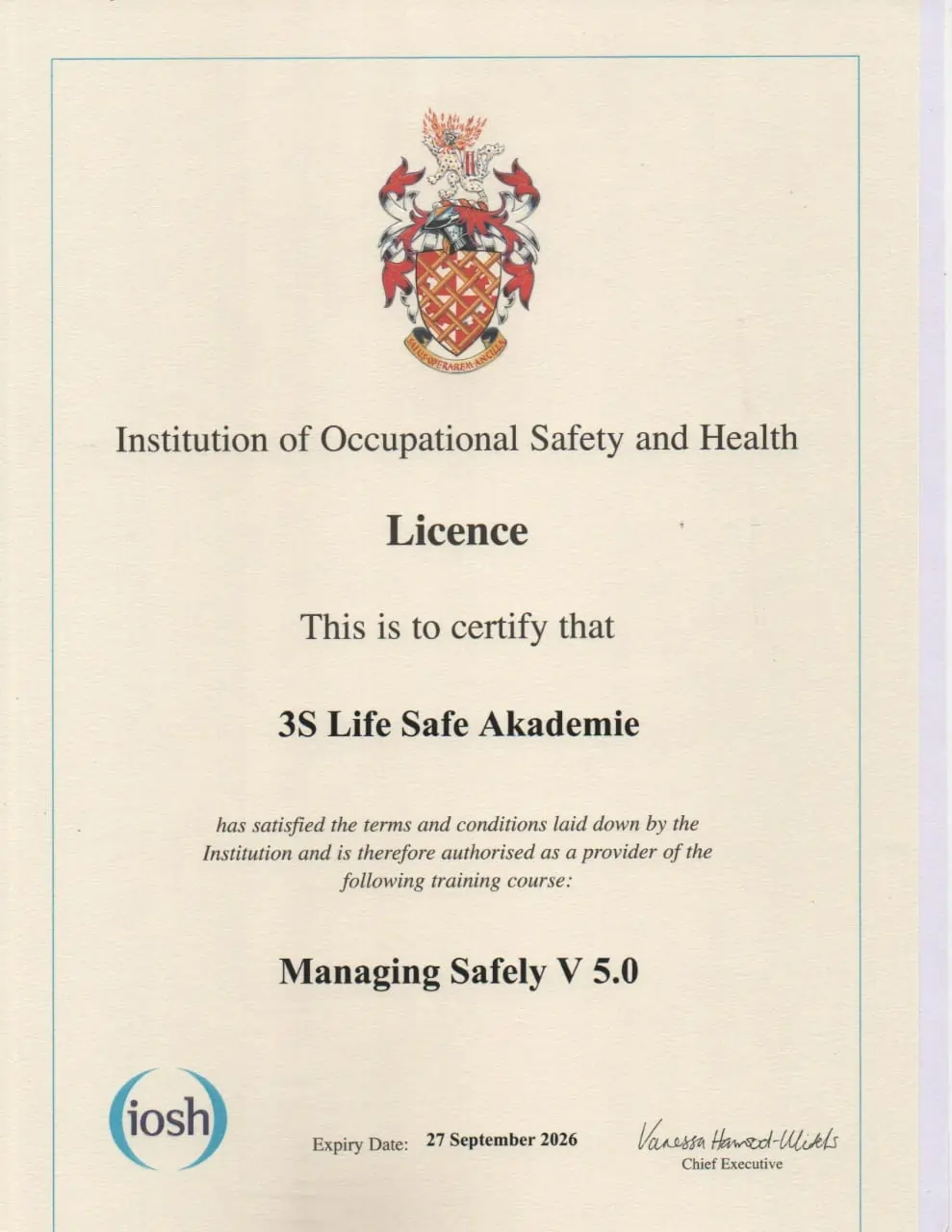 IOSH License displayed by 3S Life Safe Akademie, representing accredited safety training and professional qualifications.